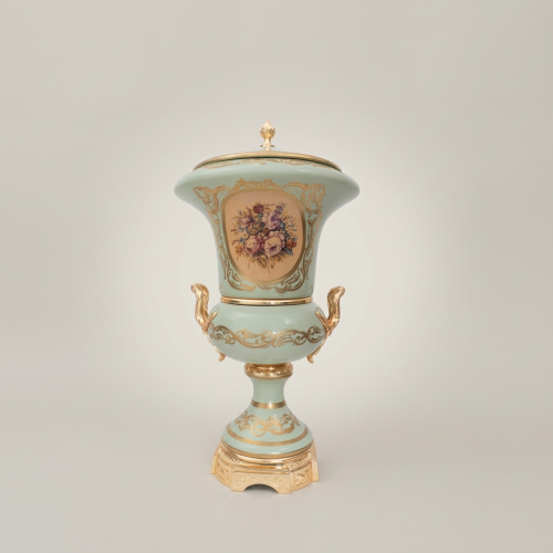 Rococo Celadon Ceramic Lidded Urn Vase with Hand-Painted Floral Cartouche