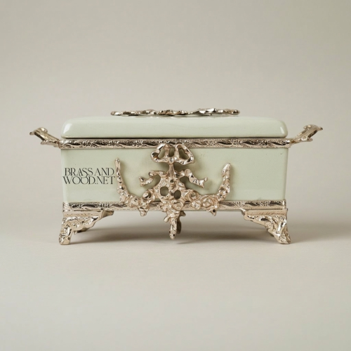 Rococo Celadon Ceramic Tissue Box Ornate Metal Frame Scroll Feet Brass and Wood silver Front | Brass & Wood