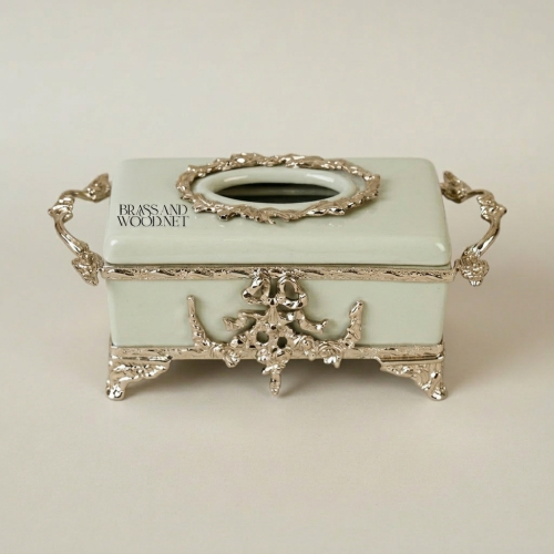 Rococo Celadon Ceramic Tissue Box Ornate Metal Frame Scroll Feet Brass and Wood silver Front | Brass & Wood