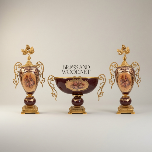 Rococo Ceramic & Brass 3-Piece Garniture Set — Burgundy Floral Urn Vases with Gilded Ormolu Mounts