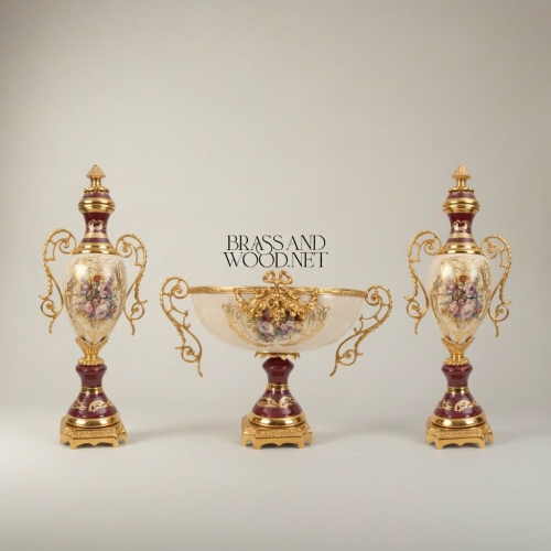 Rococo Ceramic & Brass 3-Piece Garniture Set — Hand-Painted Floral Urns & Centrepiece Bowl