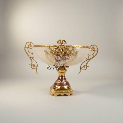 Rococo Ceramic & Brass 3-Piece Garniture Set — Hand-Painted Floral Urns & Centrepiece Bowl