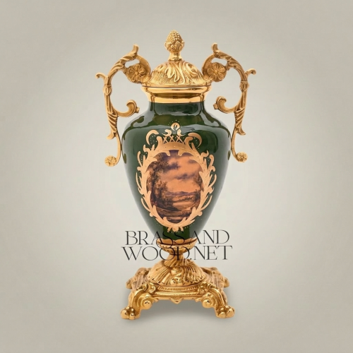 Rococo Ceramic & Brass Covered Urn Vase – Hunter Green with Landscape & Floral Cartouche