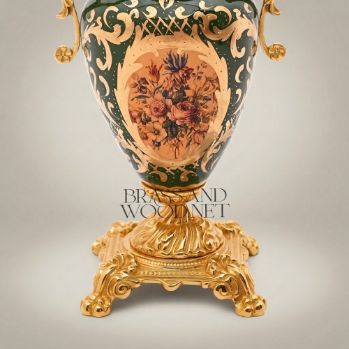 Rococo Ceramic & Brass Covered Urn Vase – Hunter Green with Landscape & Floral Cartouche