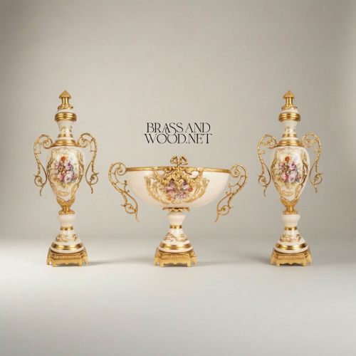 Rococo Hand-Painted Ceramic & Brass Garniture Set – Lidded Urns & Centrepiece Bowl with Floral Medallions