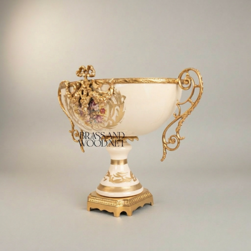 Rococo Hand-Painted Ceramic & Brass Garniture Set – Lidded Urns & Centrepiece Bowl with Floral Medallions