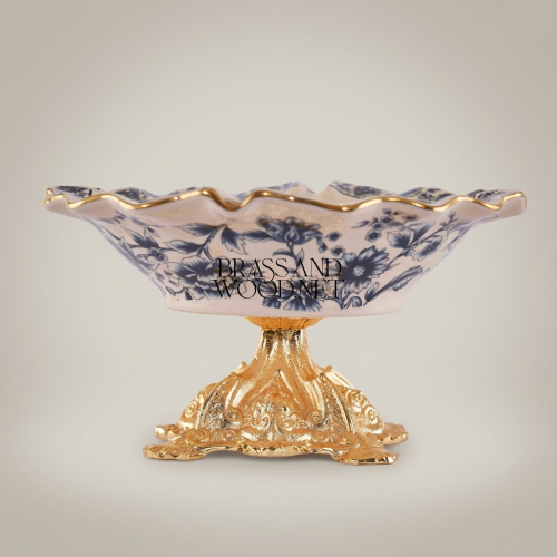 Rococo Ceramic & Brass Pedestal Ashtray with Indigo Floral Motif and Wavy Gilt Rim