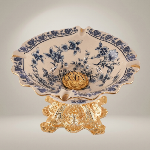 Rococo Ceramic & Brass Pedestal Ashtray with Indigo Floral Motif and Wavy Gilt Rim