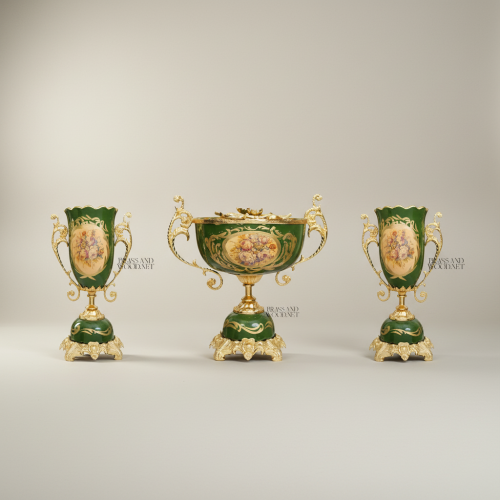Rococo Three-Piece Ceramic Brass Vase Garniture Set Hunter Green Floral Medallion Brass and Wood Gold Front | Brass & Wood
