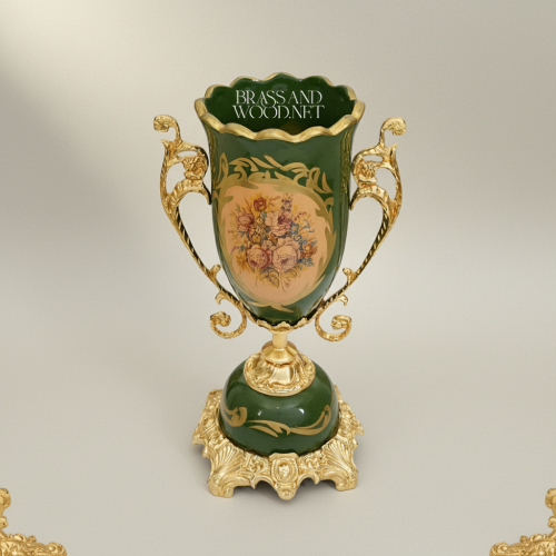 Rococo Three-Piece Ceramic Brass Vase Garniture Set Hunter Green Floral Medallion Brass and Wood Gold Front | Brass & Wood