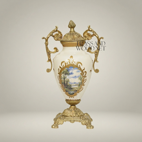 Rococo Ceramic Covered Urn Vase with Brass Mounts & Hand-Painted Landscape Medallion