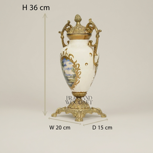 Rococo Ceramic Covered Urn Vase with Brass Mounts & Hand-Painted Landscape Medallion
