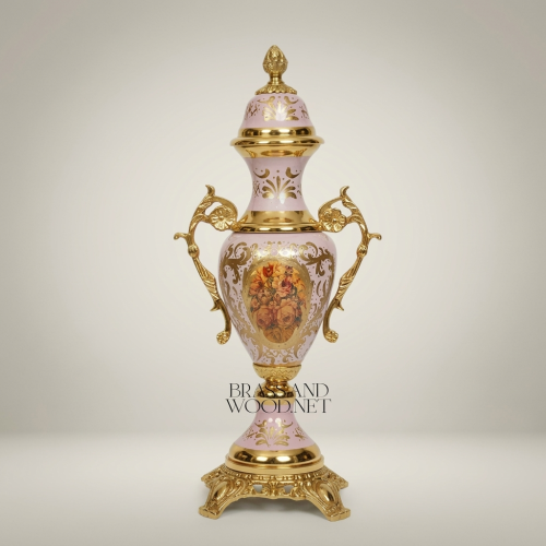 Rococo Pink Ceramic Covered Urn Vase with Brass Scroll Handles and Painted Floral Medallion Gold Front | Brass & Wood