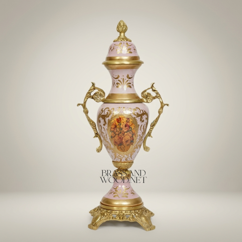 Rococo Pink Ceramic Covered Urn Vase with Brass Scroll Handles and Painted Floral Medallion Gold Front | Brass & Wood