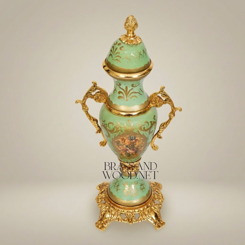 Rococo Celadon Green Ceramic Covered Urn Vase with Brass Acanthus Handles and Floral Medallion Gold Front | Brass & Wood