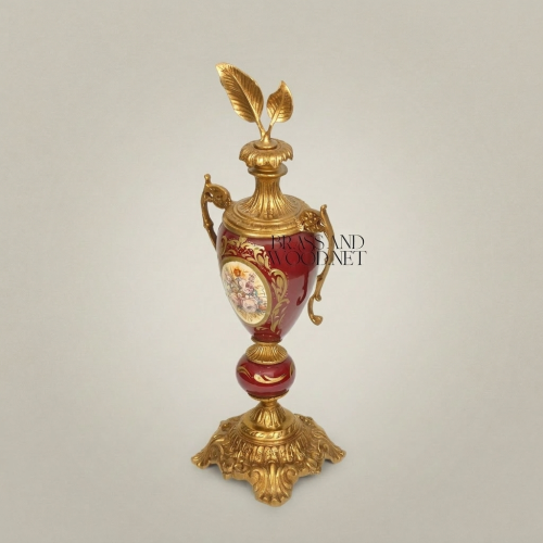 Rococo Wine Red Ceramic Lidded Urn Vase Hand-Painted Floral Medallion Brass Mounts Brass and Wood Gold Front | Brass & Wood