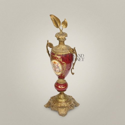 Rococo Wine Red Ceramic Lidded Urn Vase Hand-Painted Floral Medallion Brass Mounts Brass and Wood Gold Front | Brass & Wood