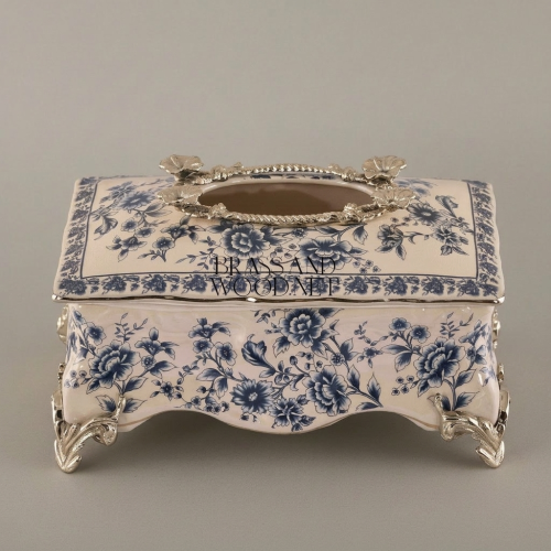 Rococo Ceramic Tissue Box Blue Floral Motif Scrolled Metal Feet Brass and Wood silver Front | Brass & Wood