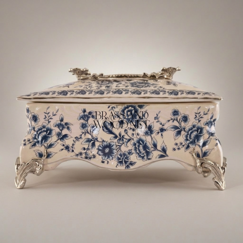 Rococo Ceramic Tissue Box Blue Floral Motif Scrolled Metal Feet Brass and Wood silver Front | Brass & Wood