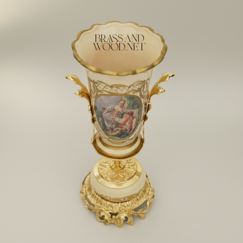 Rococo Ceramic Trophy Vase with Boucher-Style Medallion and Acanthus Brass Base