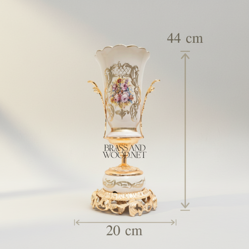 Rococo Ceramic Trophy Vase with Gilded Brass Base & Hand-Painted Floral Medallion