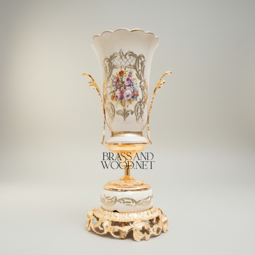 Rococo Ceramic Trophy Vase with Gilded Brass Base & Hand-Painted Floral Medallion