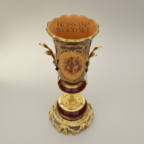 Rococo Ceramic Trumpet Vase with Brass Mounts & Hand-Painted Floral Medallion