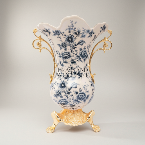 Rococo Ceramic Trumpet Vase with Brass Scroll Handles & Claw-Foot Base — Blue Floral Toile