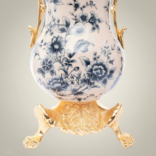 Rococo Ceramic Trumpet Vase with Brass Scroll Handles & Claw-Foot Base — Blue Floral Toile