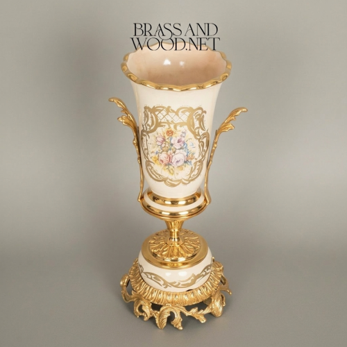 Rococo Ceramic Trumpet Vase with Floral Cartouche & Acanthus Brass Base