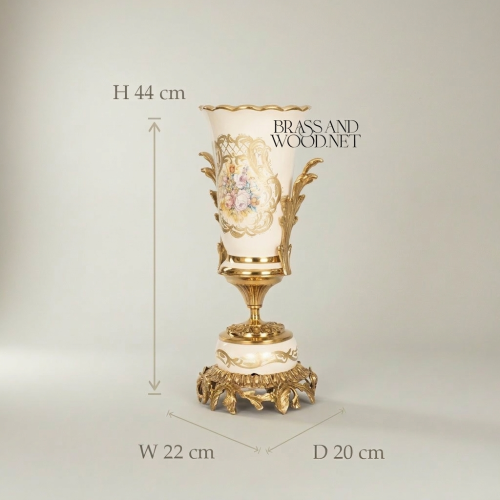 Rococo Ceramic Trumpet Vase with Floral Cartouche & Acanthus Brass Base