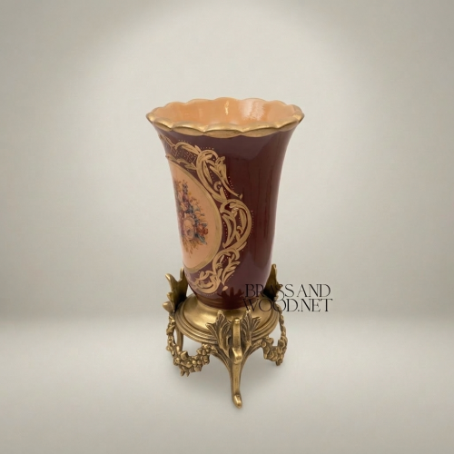Rococo Green Ceramic Trumpet Vase Floral Medallion Ornate Brass Stand Brass and Wood Gold Front | Brass & Wood