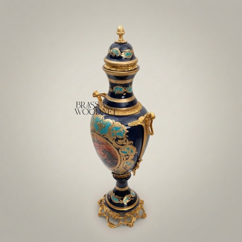 Rococo Cobalt Ceramic Lidded Urn Vase with Brass Mounts & Hand-Painted Floral Cartouche