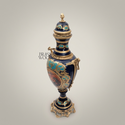 Rococo Cobalt Ceramic Lidded Urn Vase with Brass Mounts & Hand-Painted Floral Cartouche