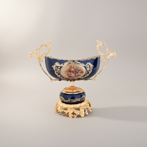 Rococo Cobalt Porcelain Brass 3-Piece Garniture Set Hand-Painted Floral Medallions Brass and Wood Gold Front | Brass & Wood