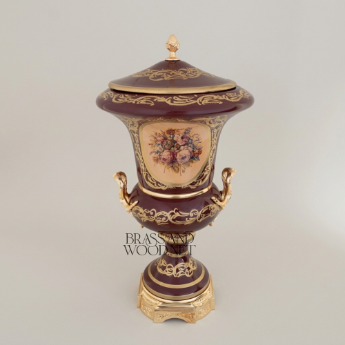 Rococo Covered Campana Urn Vase in Wine Ceramic with Brass Acanthus Scrollwork & Hand-Painted Floral Medallion