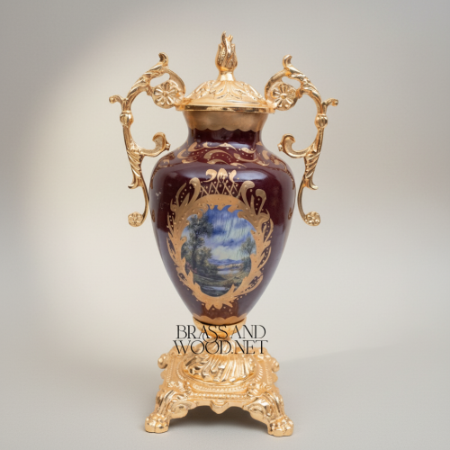 Rococo Covered Urn Vase – Wine Ceramic with Gilt Brass Mounts & Hand-Painted Landscape Medallion