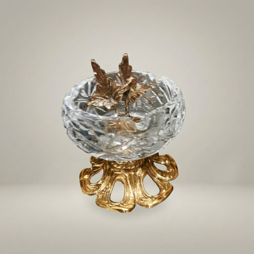 Rococo Cut Crystal Ashtray Ornate Brass Pedestal Foliate Bird Finial Brass and Wood Gold Front | Brass & Wood