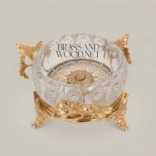 Rococo Cut Crystal Ashtray on Ornate Brass Stand with Acanthus Leaf Mounts Gold Front | Brass & Wood