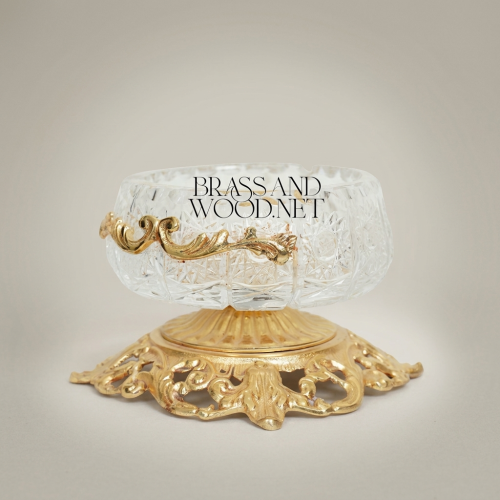 Rococo Crystal Ashtray with Ornate Pierced Brass Pedestal Base