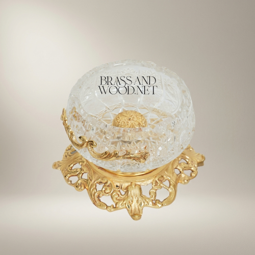Rococo Crystal Ashtray with Ornate Pierced Brass Pedestal Base