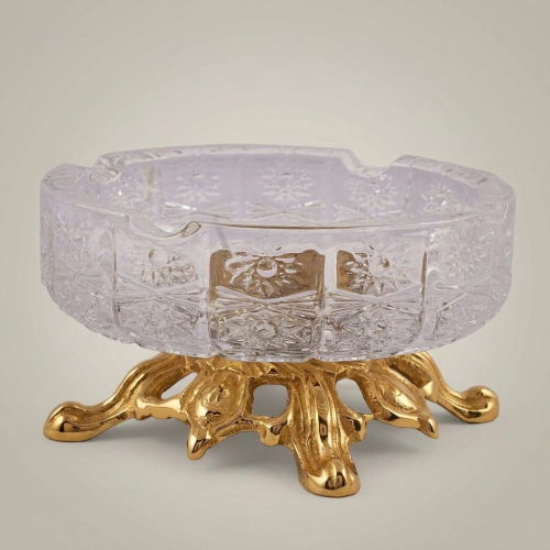 Rococo Cut Crystal Ashtray on Ornate Brass Scrollwork Stand Gold Front | Brass & Wood