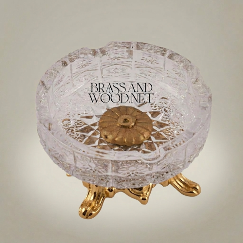 Rococo Cut Crystal Ashtray on Ornate Brass Scrollwork Stand Gold Front | Brass & Wood