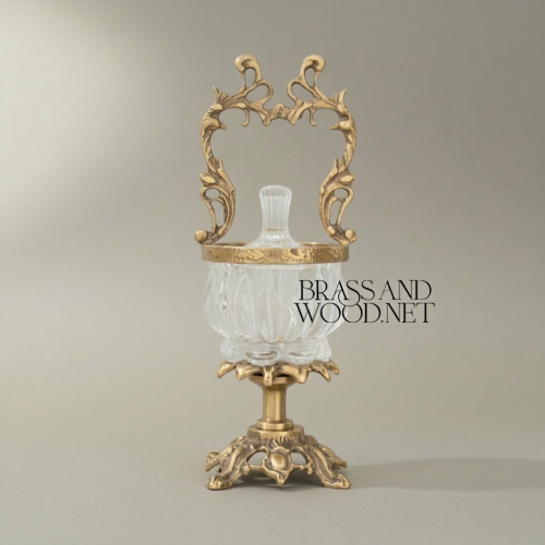 Rococo Crystal Bonbonnière with Arched Brass Handle