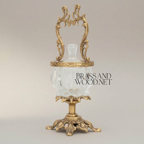 Rococo Crystal Bonbonnière with Arched Brass Handle