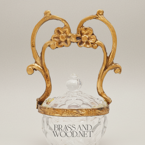 Rococo Crystal Bonbonniere with Arched Floral Brass Handle & Footed Base