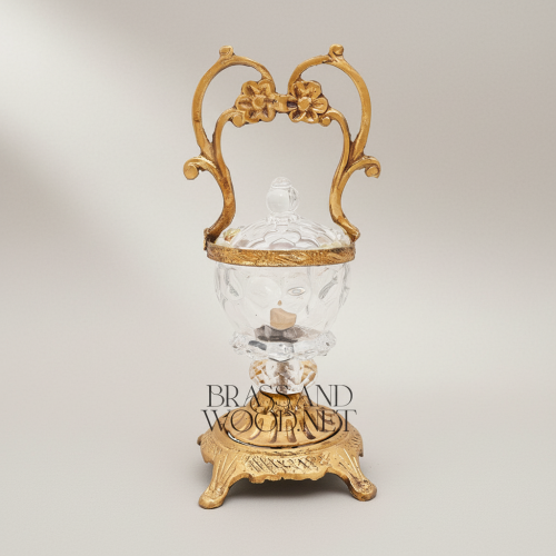 Rococo Crystal Bonbonniere with Arched Floral Brass Handle & Footed Base