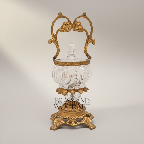 Rococo Crystal Bonbonnière with Floral Brass Handle & Ornate Footed Stand