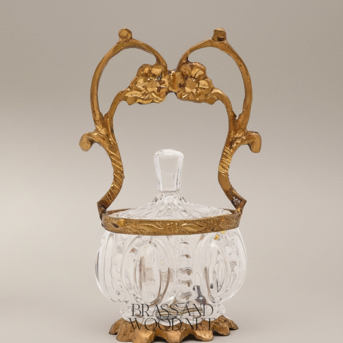 Rococo Crystal Bonbonnière with Floral Brass Handle & Ornate Footed Stand
