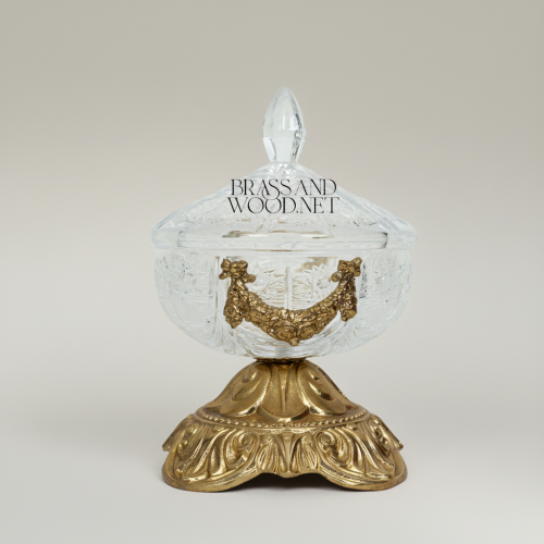 Rococo Crystal Bonbonniere with Ornate Brass Pedestal & Garland Mount